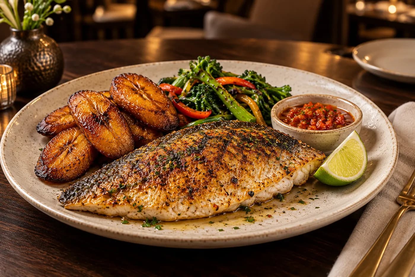 Grilled fish with plantain, vegetables, pepper sauce and lime