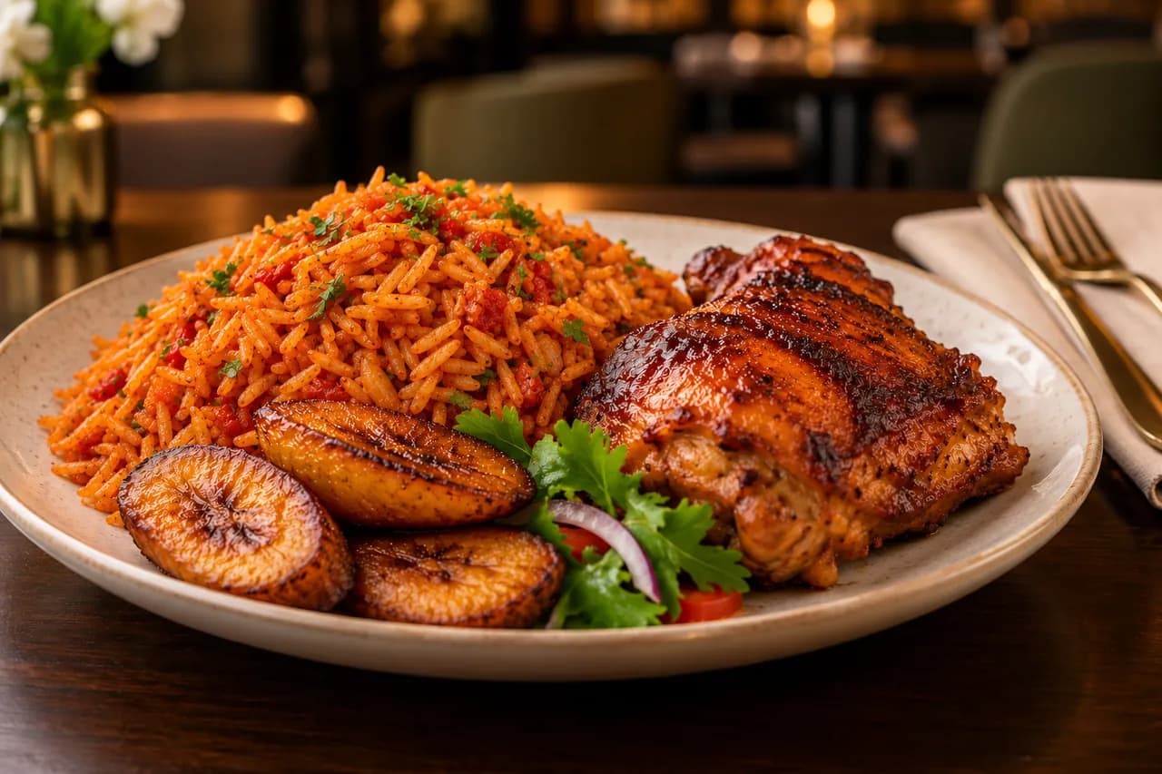 Jollof rice, grilled chicken and plantain on a ceramic plate